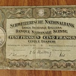 1951 Switzerland Swiss Vintage Bill Banknote Currency 