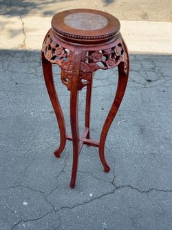 Chinese Carved Wood Pedestal Stand with Marble Top