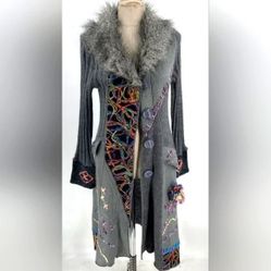 NEW Designer Papillon Gray Knit Woven Wool Fur Colorful Cardigan Jacket Coat M