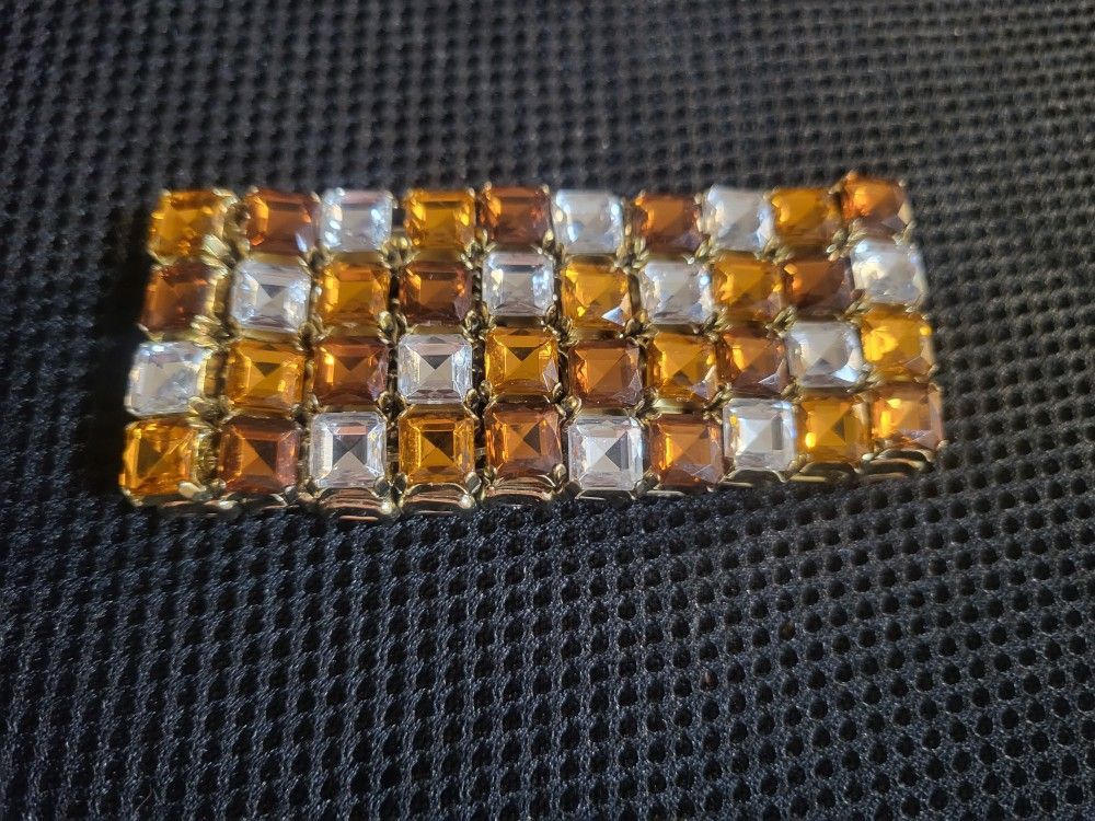 Vintage Stretch To Fit Rhinestone Bracelet In Amber And Clear Tones With Gold Accents! 