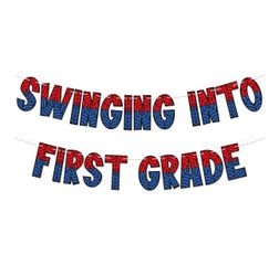 Swinging into First Grade Banner - Happy First Day of First Grade Banner, Back to School Decor, Spider Theme Kindergarten Graduation Party Decorations