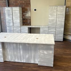 Executive Attorney Or Office Desk, Heavy Duty Vintage Oakwood With Six Back Cabinets And Filing Shelves