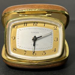 Vintage 1960s Europa Travel Alarm Clock 2 Jewels Tan Leather Case, Working