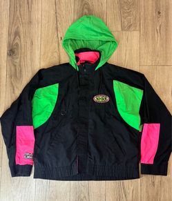 Vtg NHRA Black Neon Racing Jacket Main Gate PowerAde Drag Racing Sport Service L