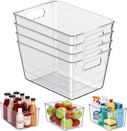Clear Plastic Storage Bins, 4-Pack Stackable Pantry Organizers and Storage Containers for Kitchen, Fridge, Cabinet and Closet Organization - Home