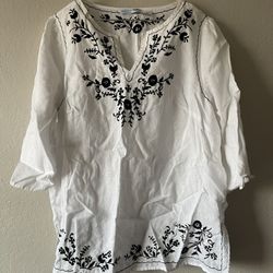 Saint Tropez West, Women’s White Black Embroidery 3/4 Sleeve Blouse, Size 2X