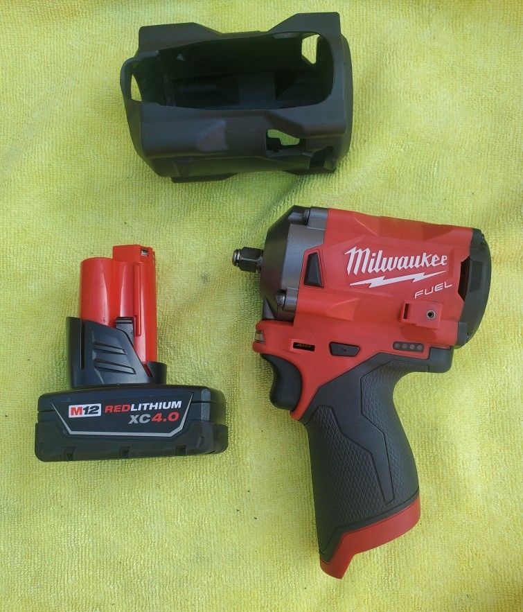 Milwaukee M12 FUEL Impact Wrench With Battery And Protective Tool Boot