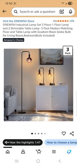 Industrial Lamp Set 3 Piece-1 Floor Lamp and 2 Dimmable Table Lamp- 3 Pack Modern Matching Floor and Table Lamp with Gradient Black Globe Bulb for Liv