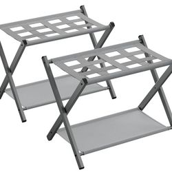 SONGMICS Luggage Racks for Guest Room, Set of 2, Suitcase Stand with Fabric Storage Shelf, Foldable for Space-Saving Storage, Steel Frame, Hotel, Bedr