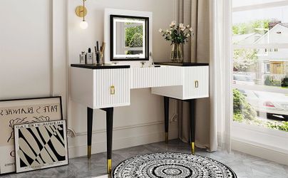 43.3" Modern Vanity Table Set with Flip-top Mirror and LED Light, Dressing Table with Customizable Storage, White and Black 