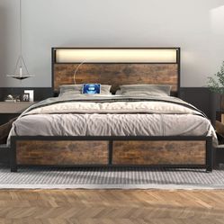 LED Queen Bed Frame with Storage Headboard & 4 Drawers, Industrial Metal Platform Bed with Power Charging Station & USB Portsb