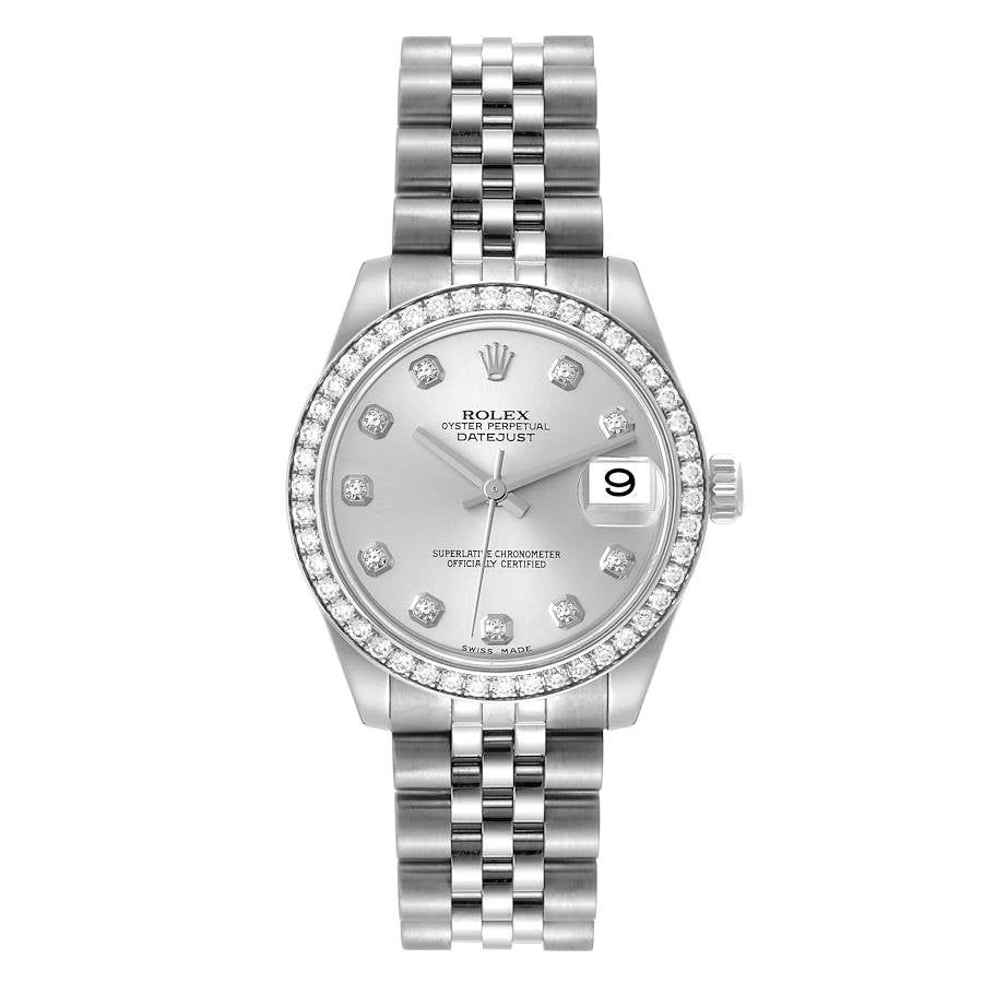 *Ladies Rolex 31mm Midsize DateJust Stainless Steel Watch with Silver Diamond Dial and Diamond Bezel. (Pre-Owned 178384)