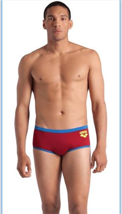 Arena One Low Waist Short Big Logo Men’s Swim Briefs Red Blue Size 42 NWT