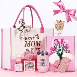 BRAND NEW Bset Gift Set For Mom wih Premium Box,Tote Bag,Insulated Tumbler,Scented Candle,Decorative Soap Rose,Fuzzy Socks,Stone Bracelet,Greeting Car