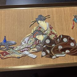 Vintage XL Asian Lacquer/Enamel Relief Wall Art