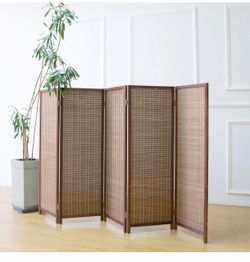 5 Panel Short Room Divider Screen,Brown Freestanding Partition,Small Bamboo Panel Divider for Room Seperation,3.95 FT Tall