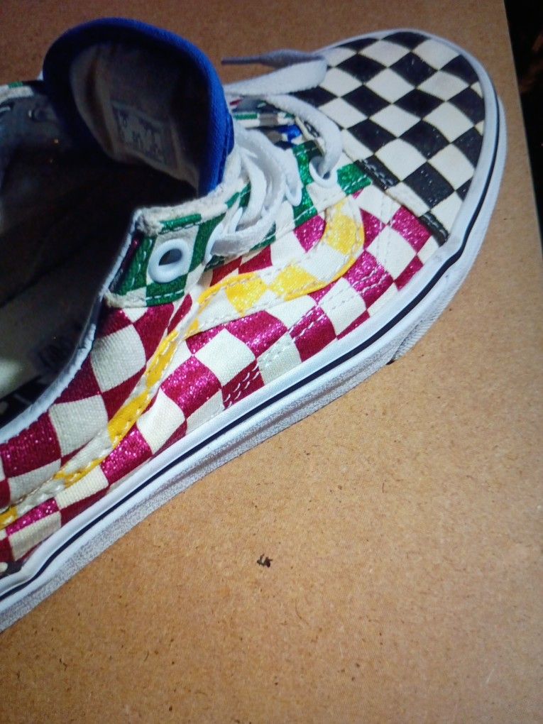 VANS OLD SKOOL GLITTER CHECK WOMEN'S RAINBOW METALLIC  LACE PINK GREEN SIZE  7.5