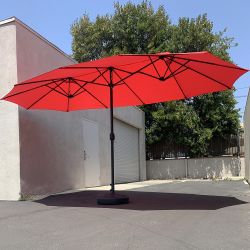New in Box $130 Large Double Sided Outdoor (15ft Umbrella and 65lbs Plastic Base set) Colors Red/Gray