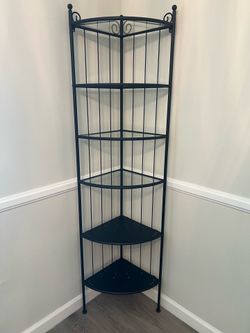 6-Tier Black Metal & Glass Corner Shelf / Etagere Tower (68” Tall)