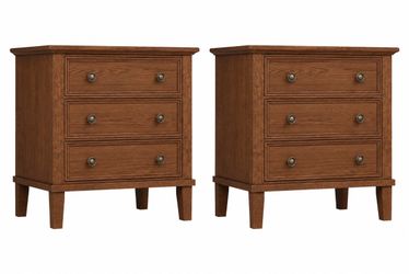 Set of 2 Walnut Brown Solid Wood 3 Drawers Nightstand with Charging Station