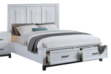 Queen white/grey platform bed with drawers and ortho mattress included