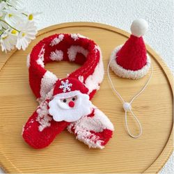 Dog Christmas Scarf & Santa Hat Set Plush Red/White