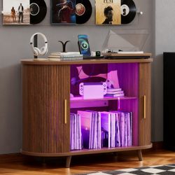 W39”x D15.8” x H29” Large Record Player Stand with Charging Station & LED Light, Walnut