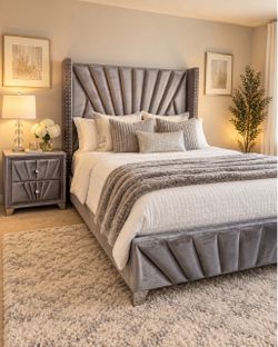 Gray Velvet Upholstered Bed Frame with Nightstand