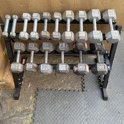5-40lb Hex Iron Dumbbell Set With Rack 306lbs