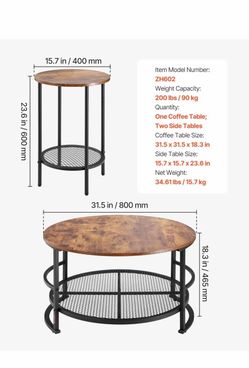 VEVOR 3 Pieces Round Coffee Table Sets, 31.5 in Industrial Living Room Table with 2 End Side Tables, Easy Assembly Coffee and End Tables Sets with Met