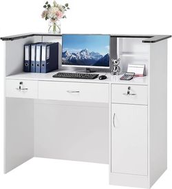 VEVOR Reception Desk, 50 inch Rectangular Front Counter Table, Modern Office Reception Desk with Light Strip, 3 Drawers & Storage Cabinets, Retail Cou