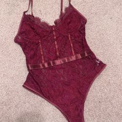 New Small Burgundy Red Lace Stretchy Bodysuits Lingerie 