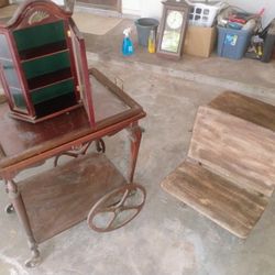 Antique Drink/Tea Cart, School Desk,Shelf/Wall Clock 