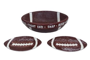 Boston Warehouse 3Pc Ceramic Football Chip Bowl & Plates Set Game Day / Tailgate