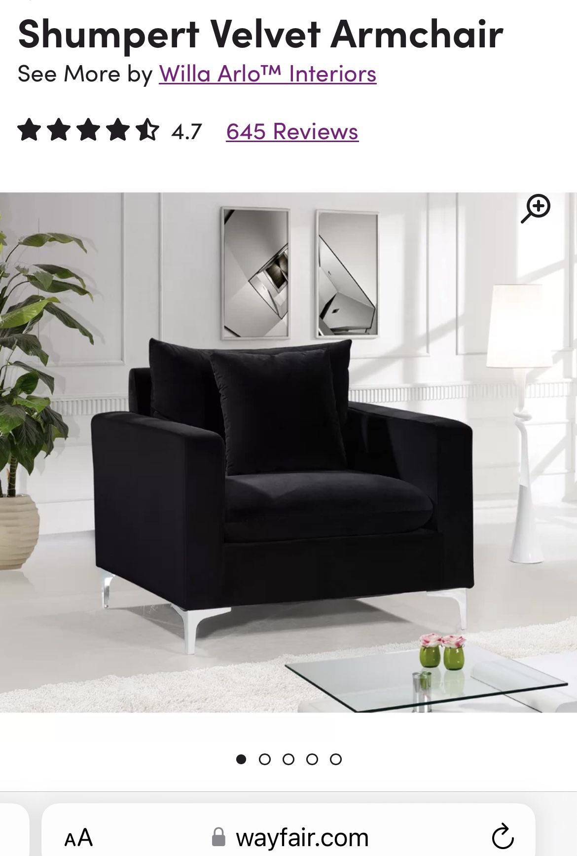 MOVING MUST GO! MULTIPLE LISTINGS !! Shumpert Black Velvet Armchair By Willa Arlo Interiors