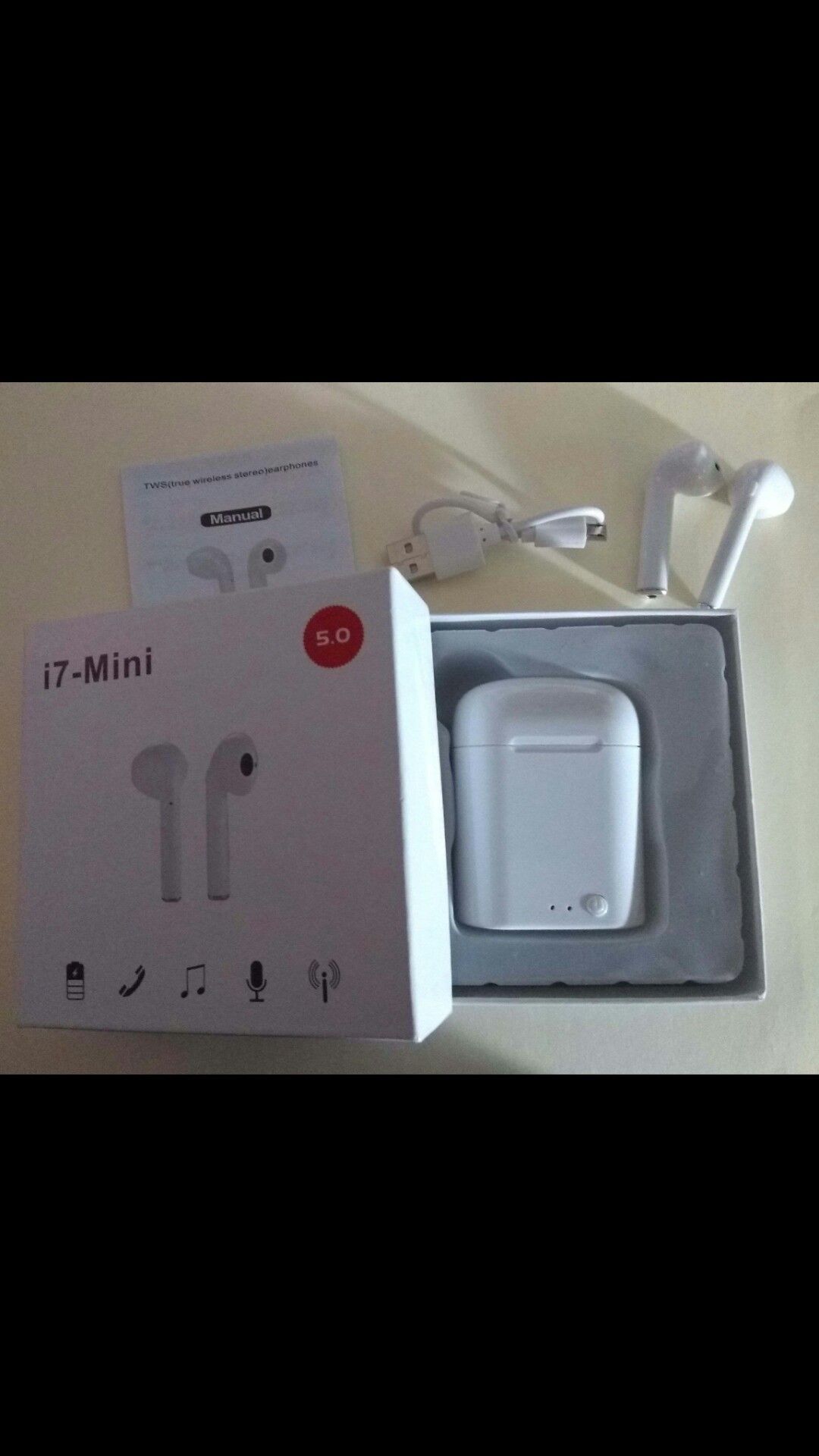 1 Box of i7 Mini 5.0 White New Wireless Earbuds, Charging Case and Charger for Airpods Compatible with Android and Apple