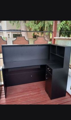 Black L-Shaped Office & Reception Desk with Hutch Storage