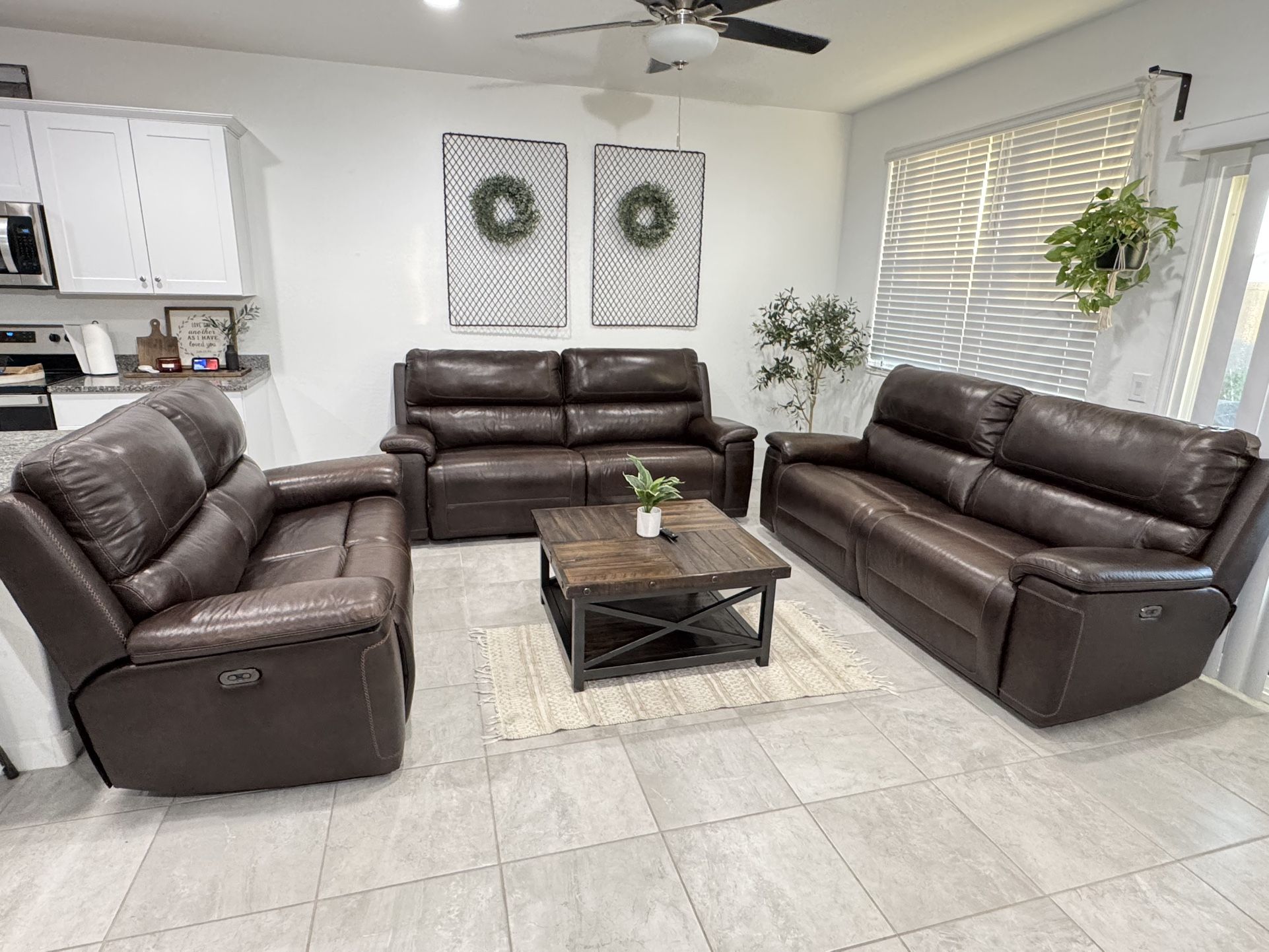 Dark Brown Power Reclining Leather Couch Set