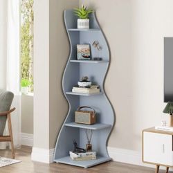 J0380 Corner Shelf, Modern 5-Tier Wall Corner Bookshelf, Stylish Corner Small Bookcase Storage Rack Plant Stand with Unique Shape for Living Room, Hom