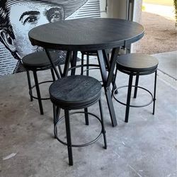Round Counter Height Set with Round Bar Table with Stools - 5-Piece Bar Table and Chairs Set Featuring Metal Legs and Wood Top Design