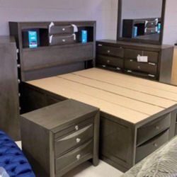 Emily Gray Storage Platform Bedroom Set Bed, Dresser, Mirror, Nightstand, Chest 