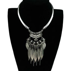 Silver Bohemian Tribal Black Beads Stone Leaf Tassel Choker Necklace