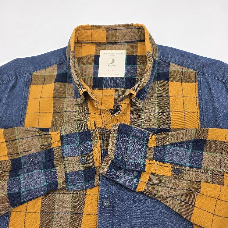 Vtg 80s Polo Shirt Patchwork Denim Blue Yellow Plaid LongSleeve ButtonUp Mens XL
