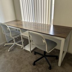 Brown Duo Office Desk with Grey Rolling Chairs