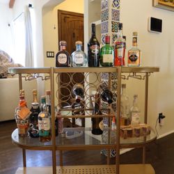 Gold Bar Cart w/ Glass Shelves – Modern + Wine Rack
