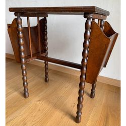 Early 20th Century Antique Walnut Bobbin Side Table with Magazine Rack