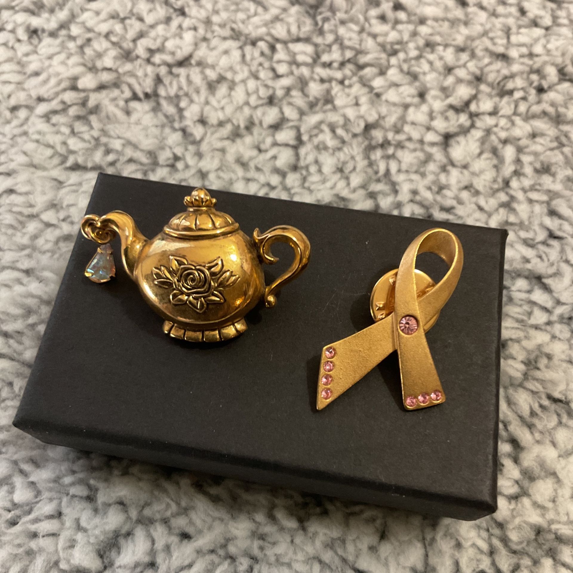 Vintage Goldtone Brooch/pins.Tea Kettle And Cancer Association With Crystal And Pink Rhinestones,(Avon )