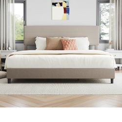 Novilla King Bed Frame and Headboard, King Bed Frame, Linen Upholstered Stripe Bed Frames, No Box Spring Needed, Heavy Duty Feet, Easy Assembly, Beige
