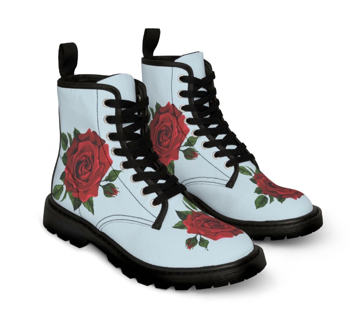 Boots with Red Rose Design - Unique Streetwear Footwear - Youthful Fashion Women's Canvas Trending  Boots