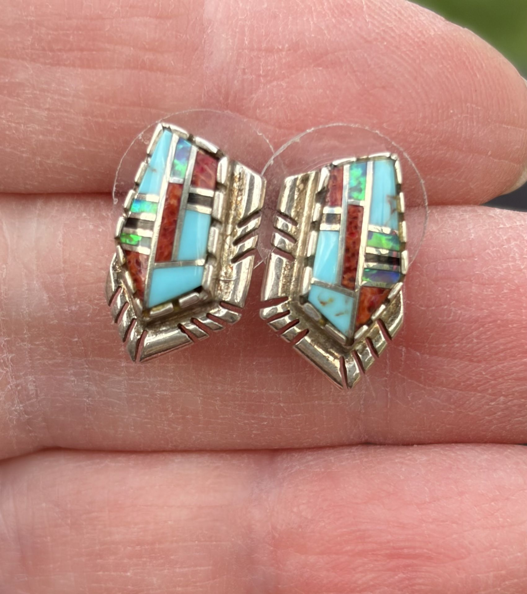 Navajo David Benally Sterling Multi Stone Turquoise Opal Coral Inlay Earrings